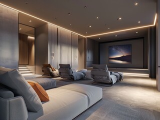 Fototapeta premium Modern Home Theater Design with Reclining Seats and a Large Screen