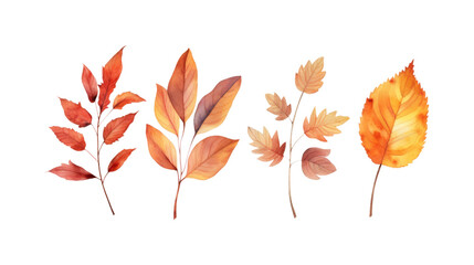 Naklejka premium Autumn leaf branches are painted in watercolor. Ideal for fall themed designs, seasonal greeting cards, stationery, wedding invitations, and botanical illustrations. Generative AI