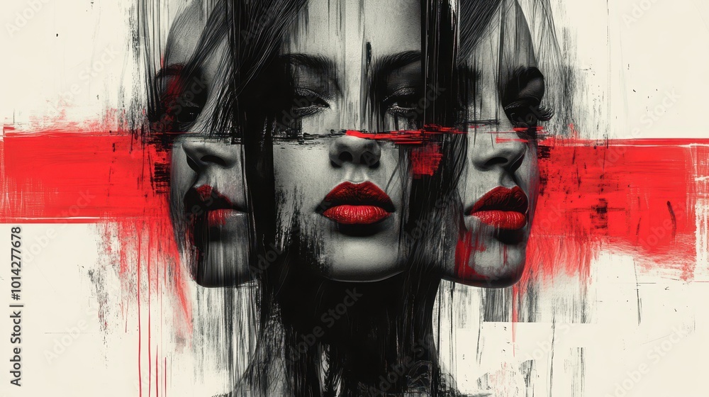 Poster abstract triple portrait with striking red accents. generative ai image