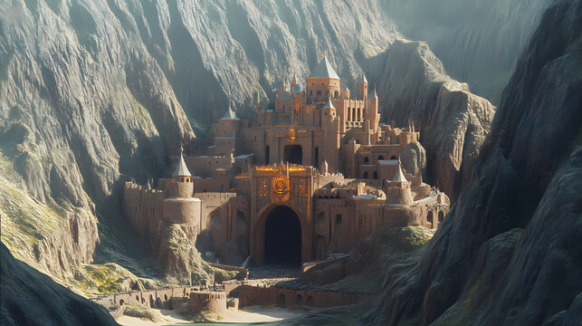 Dwarven stronghold carved into a mountain. Dwarven Fortress. Illustration