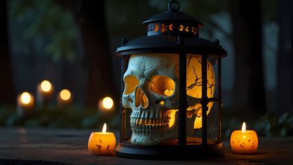 a glowing skull lantern as a centerpiece for Halloween decorations