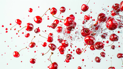 A group of juicy ripe red cherries flies through the air in a spray of water. Cherries fly in different directions on a white background. A delicious natural snack. The concept of motion and energy