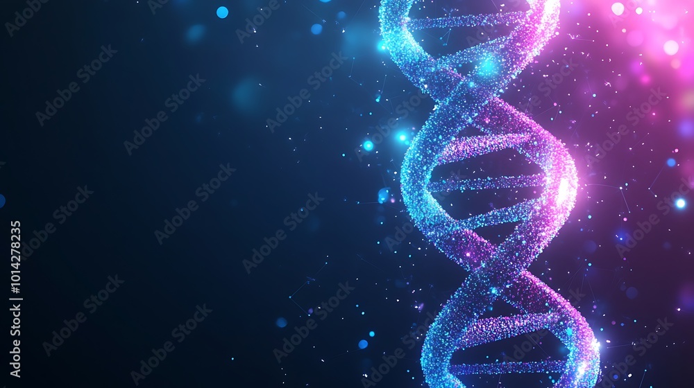 Poster abstract glowing pink and blue dna double helix on a dark background with bokeh.