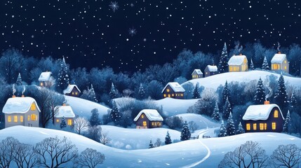 Naklejka premium White houses and fir trees stand out against a dark blue background in this winter scene. It is a fairy tale winter panorama. Seamless border. There is a winter village. Modern illustration.