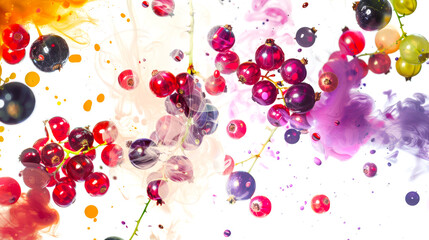 A colorful picture with berries and smoke. Red and black currant berries dance in a colorful swirl of colors and smoke. The mood of the painting is bright and lively. A delicious snack