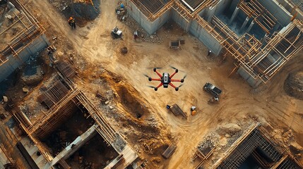 Aerial View of Drone Flying Over a Construction Site