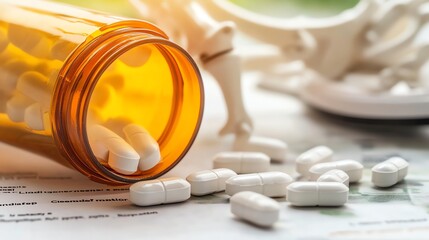 Amber pill bottle spills white capsules on documents, creating a clinical scene.