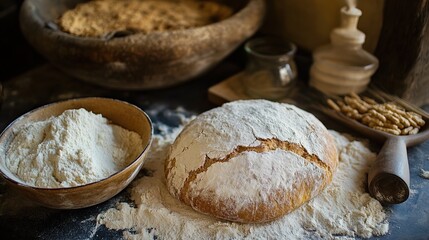 Fototapeta premium Freshly Baked Bread with Flour - Rustic Bakery Scene
