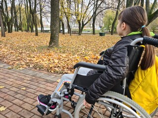 A young girl enjoying a peaceful autumn day in a park, surrounded by colorful fallen leaves while...