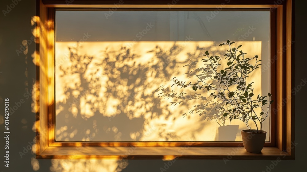 Poster shadow of tree branch on window and wall with sunlight filtering through wood, highlighting the arch