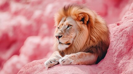 Majestic Lion Resting on Pink Rock