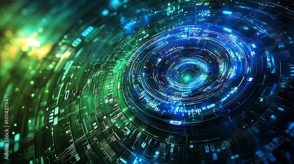Poster abstract digital circular design with green and blue glowing lights and lines.