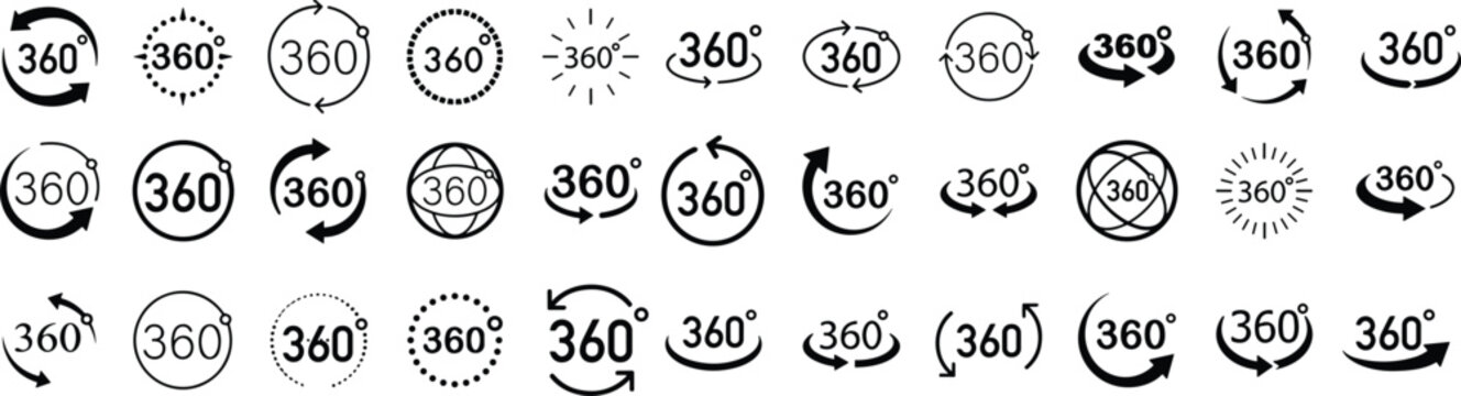 360 degree vector icon set. Collection of Round signs with arrows rotation angle to 360 degrees. Rotate symbol isolated on transparent background. Vector illustration.