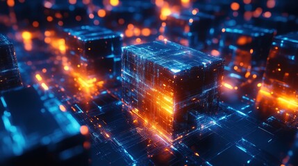 Fototapeta premium This futuristic and dynamic background consists of glowing blue and orange cubes.