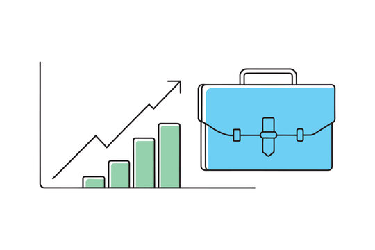 recommend clip art: Briefcase alongside an upward arrow and a bar chart, illustrating financial advancement and strategic planning, isolated doodle line art flat vector illustration on white background