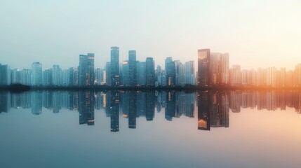 Vibrant Cityscape with Perfectly Symmetrical Reflection