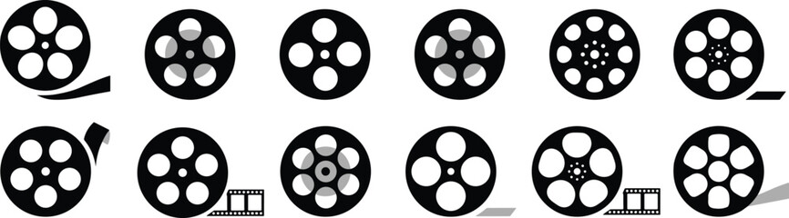 Old retro reel with film strip collection. Film reel movie icon set. Strip vintage poster vector illustration. film canisters. cinema abstract logo