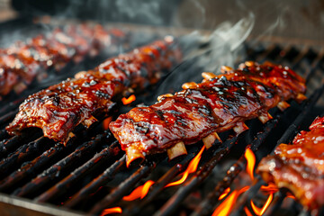  Delicious bbq ribs sizzling on the grill surrounded by flavorful smoke