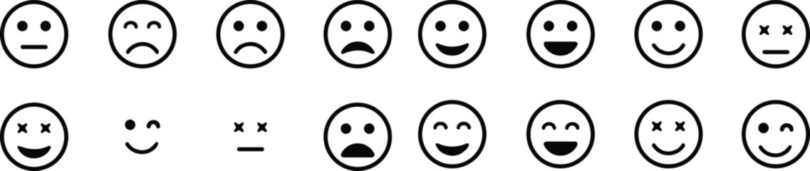 Emoji Icon Set. Emoticons. Smile faces collection. Emotions. Funny Cartoon. Hand Gestures. Social Media. Smiling, Happy, Crying, Sad, Angry, Joyful facial expressions.