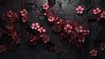 Pink flowers on cracked black surface. Abstract minimalist background.