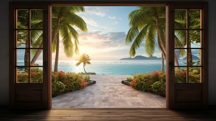 Open Doorway Revealing Tropical Beach with Palm Trees and Sunset