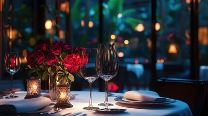 elegant dining table setting of beautiful luxury restaurant, Valentine's Day, Romantic Evening.