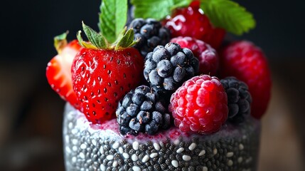 Chia pudding topped with fresh strawberries, raspberries, and blackberries.