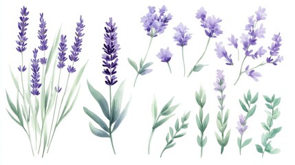 Fototapeta premium Delicate Watercolor Lavender Flowers and Green Leaves Vector Illustration on White Background in Pastel Palette