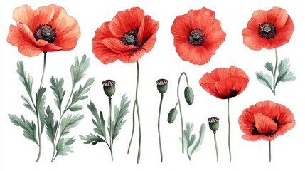 Vibrant Watercolor Clipart Collection of Red Poppies with Dark Green Leaves on Transparent Background