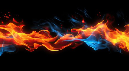 Abstract flames of orange and blue fire dance in the dark.