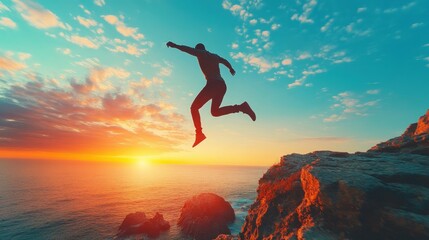Happy new year 2025, Silhouette Man jumping from 2024 cliff to 2025 cliff on sky background. Ð¡oncept of moving from year to year. New Year's concept.