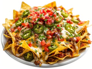 Loaded Nachos with  Ground Beef, Cheese, Salsa, and Jalapenos Isolated On White Background