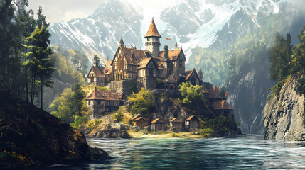 Fantasy stronghold or town by the river scene ai generative. Dwarven Fortress. Illustration