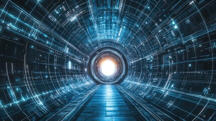 Abstract futuristic tunnel with glowing light at the end.