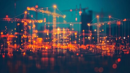 Naklejka premium Construction Cranes and Buildings in a Digital Cityscape