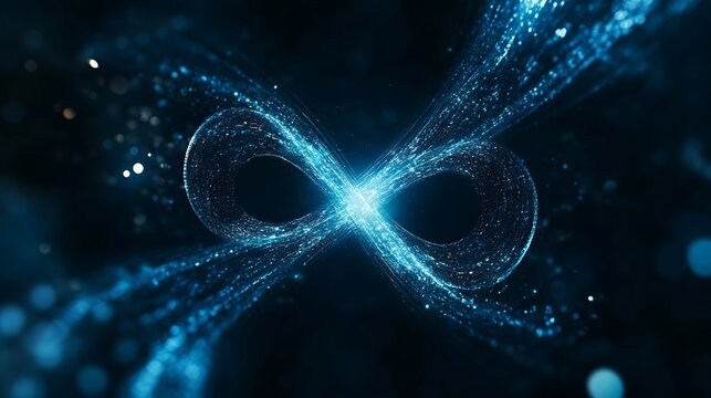Abstract glowing blue infinity symbol on black background.