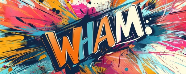 Energetic pop art background featuring "WHAM." Bold graphics, Dynamic visuals, Bright vector
