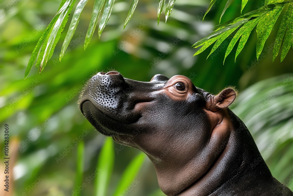 Poster Pygmy Hippopotamus looking up at the dense jungle canopy, light filtering through the leaves and casting dappled shadows on its back