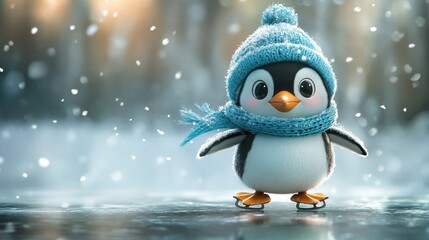 Cute Cartoon Penguin in a Winter Blue Hat and Scarf Ice Skating on a Pond