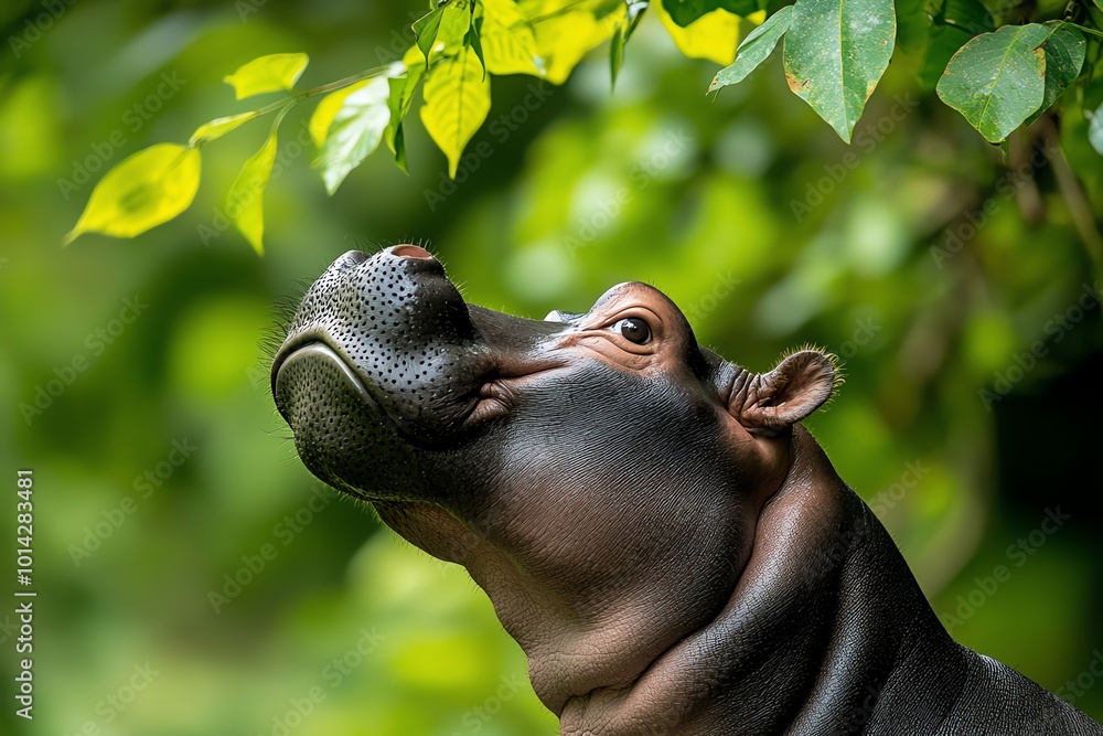Poster pygmy hippopotamus looking up at the dense jungle canopy, light filtering through the leaves and cas