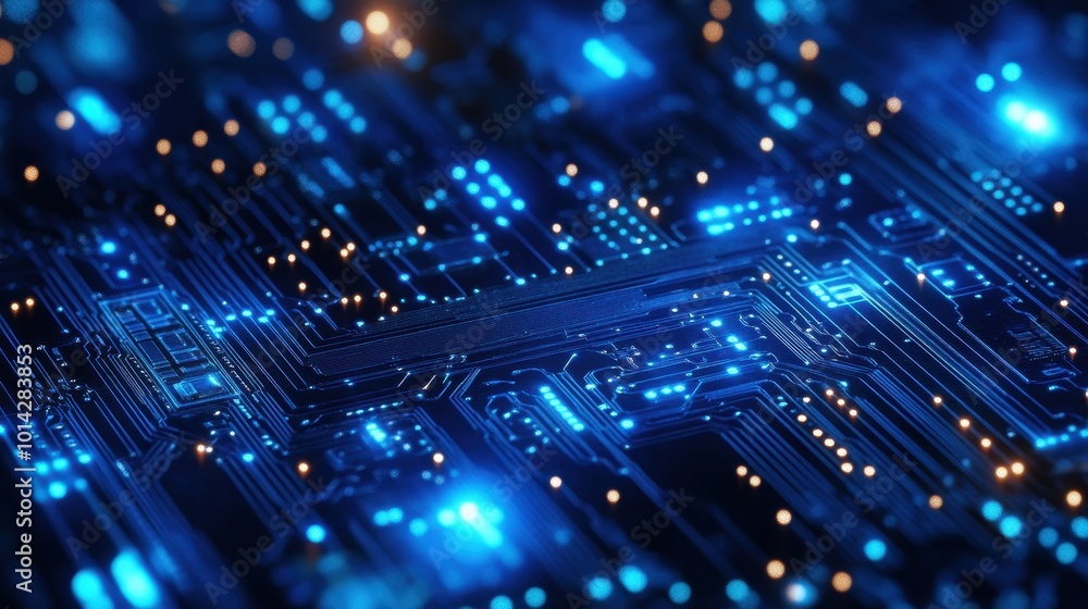 Poster blue circuit board background with bokeh lights. digital concept banner on dark background with mode