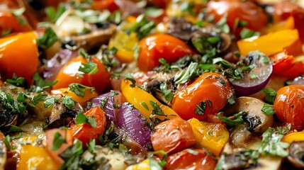 Colorful vegetable medley with fresh herbs, vibrant tomatoes, and various peppers.