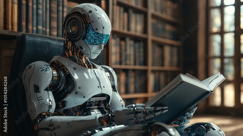 Poster ai generated illustrution humanoid robot with artificial intelligence reading a book