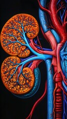 Naklejka premium Kidneys and renal arteries, veins, ureters, detailed anatomical rendering, full vascular system shown, deep depth of field