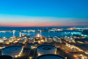 Aerial morning sun at world-class oil refinery, Petroleum refinery in the industrial factory of...