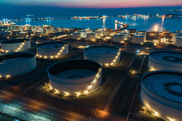 Aerial Industrial city view of white oil tank storage chemical petroleum petrochemical refinery...