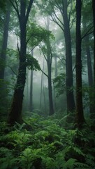 Fototapeta premium Dense Misty Forest with Thick Fog Covering Green Trees and Vegetation