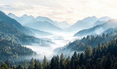 Fog is slowly rising in the alps at sunrise, revealing a valley covered by forests