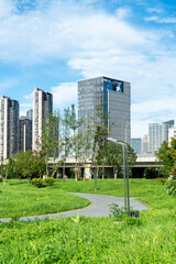 city park with modern building background in shanghai