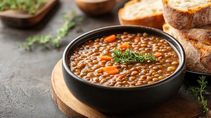 Delicious lentil soup served in a black bowl with fresh bread on a rustic table
